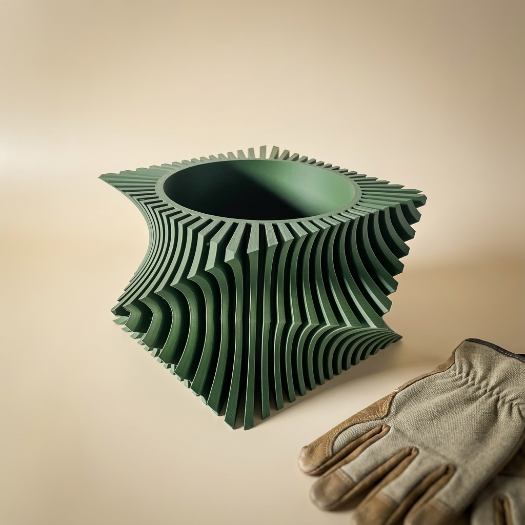 Green ribbed square planter with twisting sides and a round opening beside gardening gloves on a beige surface.