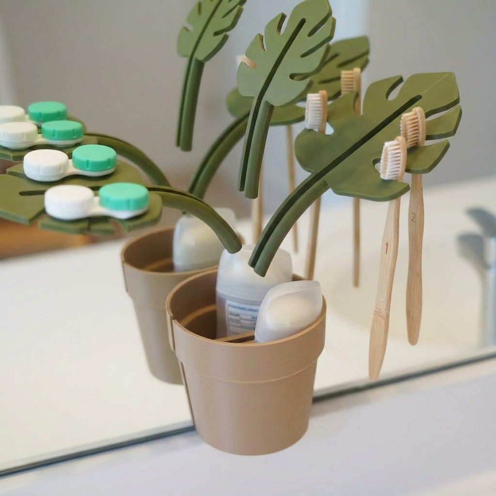 Dental care products including toothbrushes and toothpaste in a decorative pot with leaf-shaped holders.