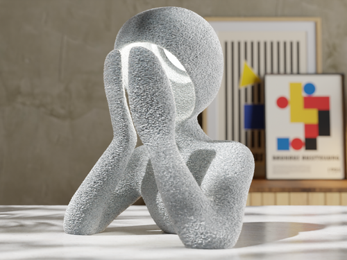 Abstract sculpture on a table with a colorful abstract painting in the background