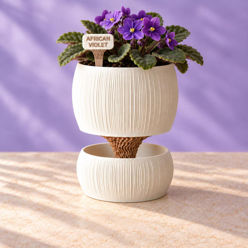 Purple African violet in a white ribbed Pallas planter with an African Violet marker against a lavender background