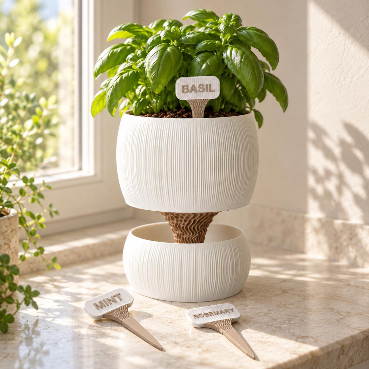 White Pallas planter with basil and a Basil marker by a window; Mint and Rosemary markers lie beside it