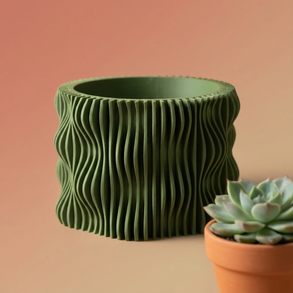 Green textured planter with a succulent on a peach background