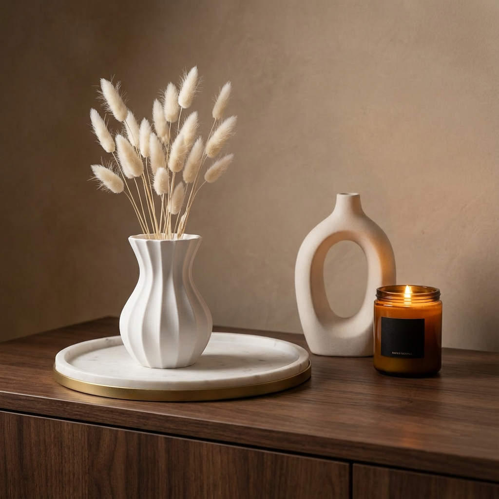 Decorative setup with a white vase, candle, and dried plants on a wooden surface.
