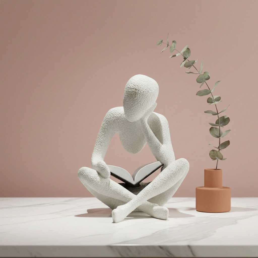 White abstract sculpture of a person reading a book next to a potted plant on a light surface with a pink background