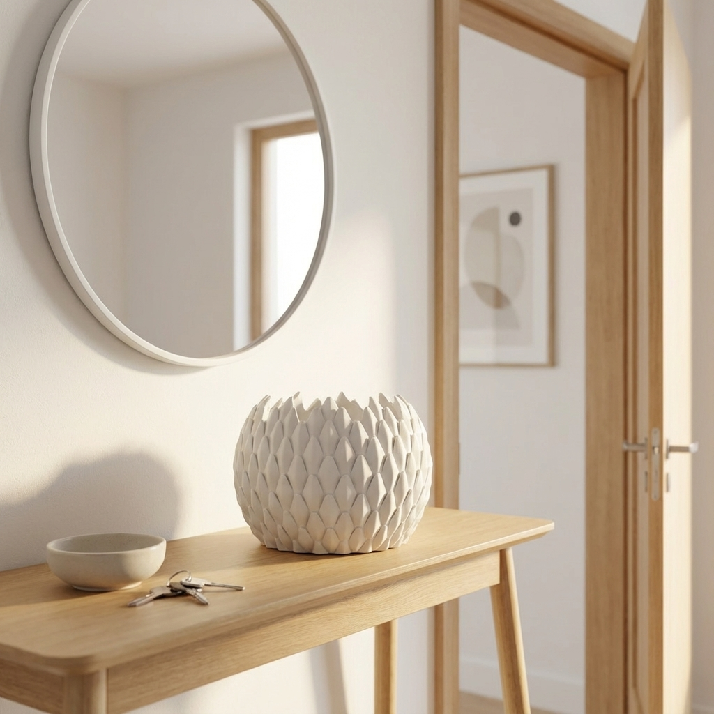 White textured vase on a wooden table with a round mirror above it in a bright room.