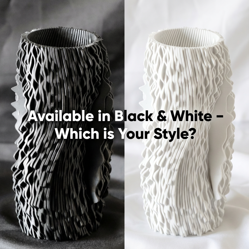 Two ceramic vases with textured surfaces, one black and white, the other white, on a gradient background.