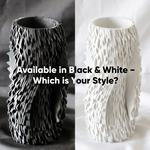 Black and white Organic Ribbed Tall Vases side by side, showing the two color options