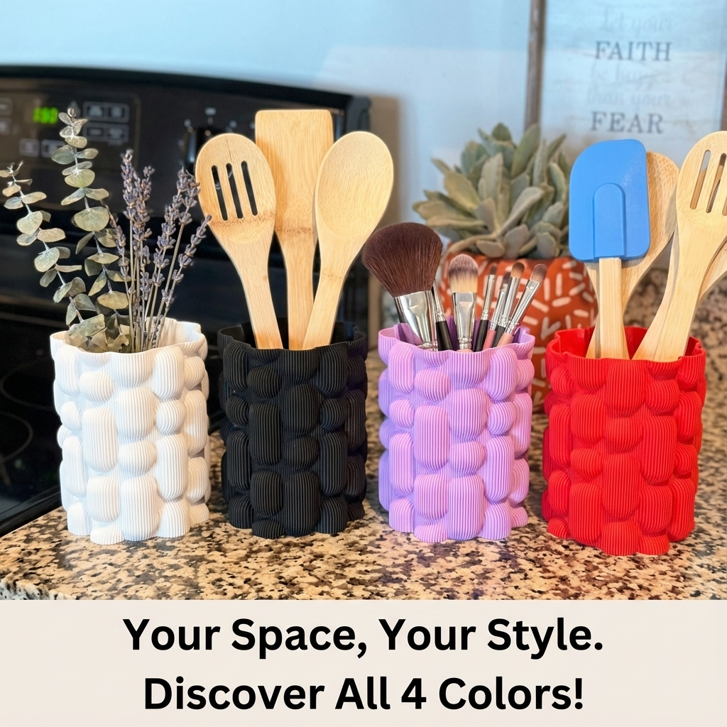 Four colorful silicone containers with kitchen utensils and makeup on a countertop.