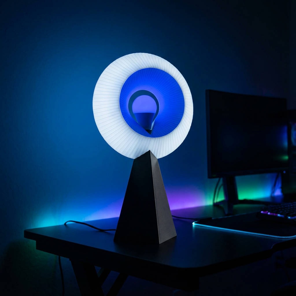 Modern table lamp with blue and white design on a dark desk