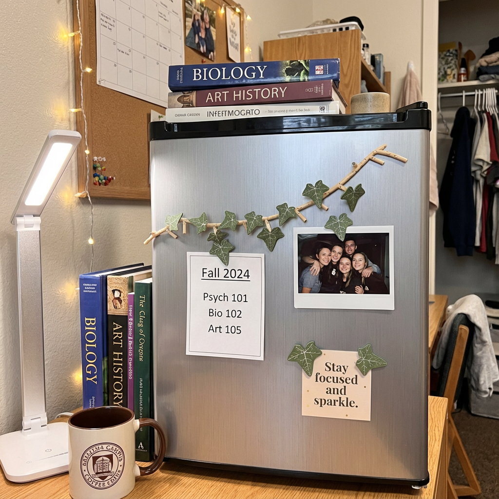 Small refrigerator with magnets and notes in a dorm room setting