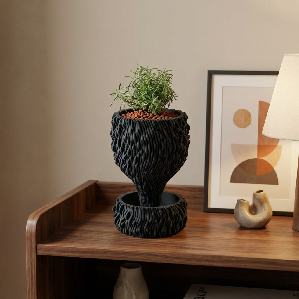 Decorative black planter with a plant on a wooden shelf against a beige wall with abstract art.
