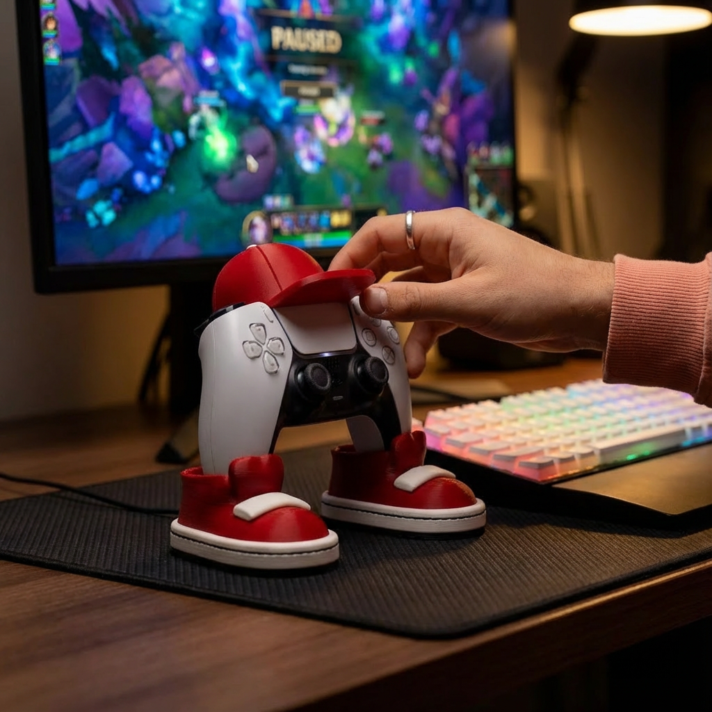Person holding a white gaming controller with red shoes on a desk in front of a computer screen.