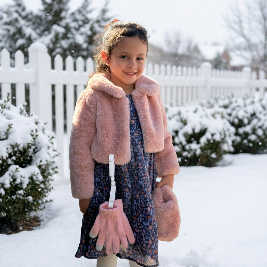 Young girl in a pink coat and gloves standing in the snow.