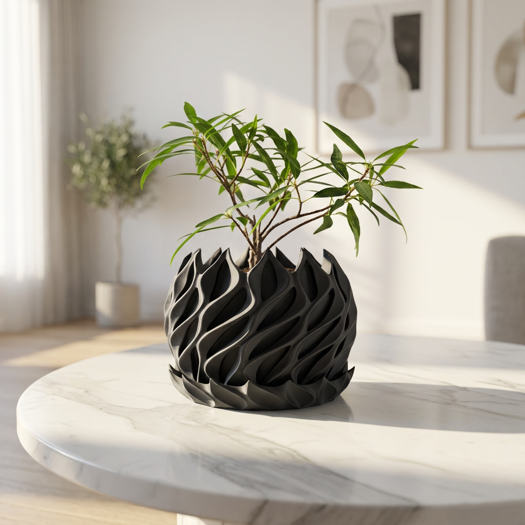 Black wavy vase with a plant on a marble table in a bright room