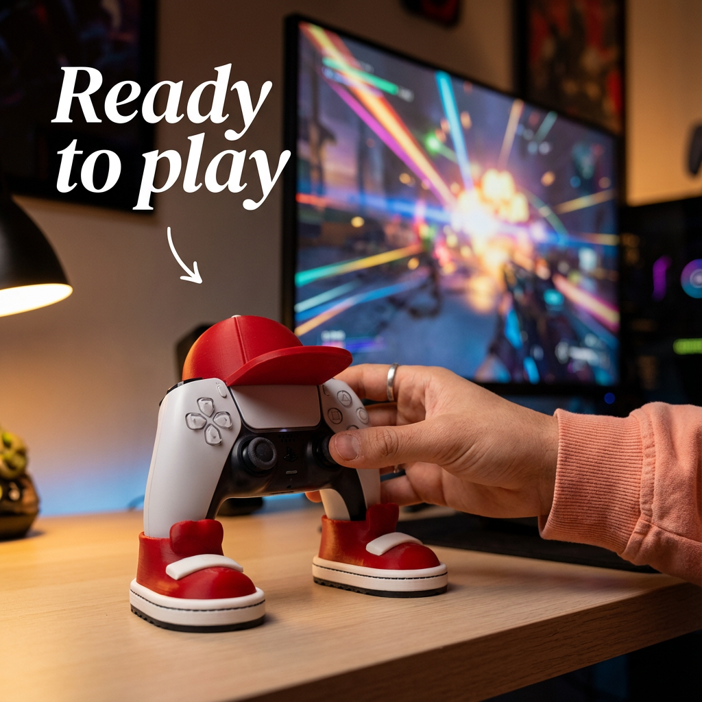 Person holding a red and white gaming controller with cartoonish legs in front of a computer screen displaying colorful graphics.