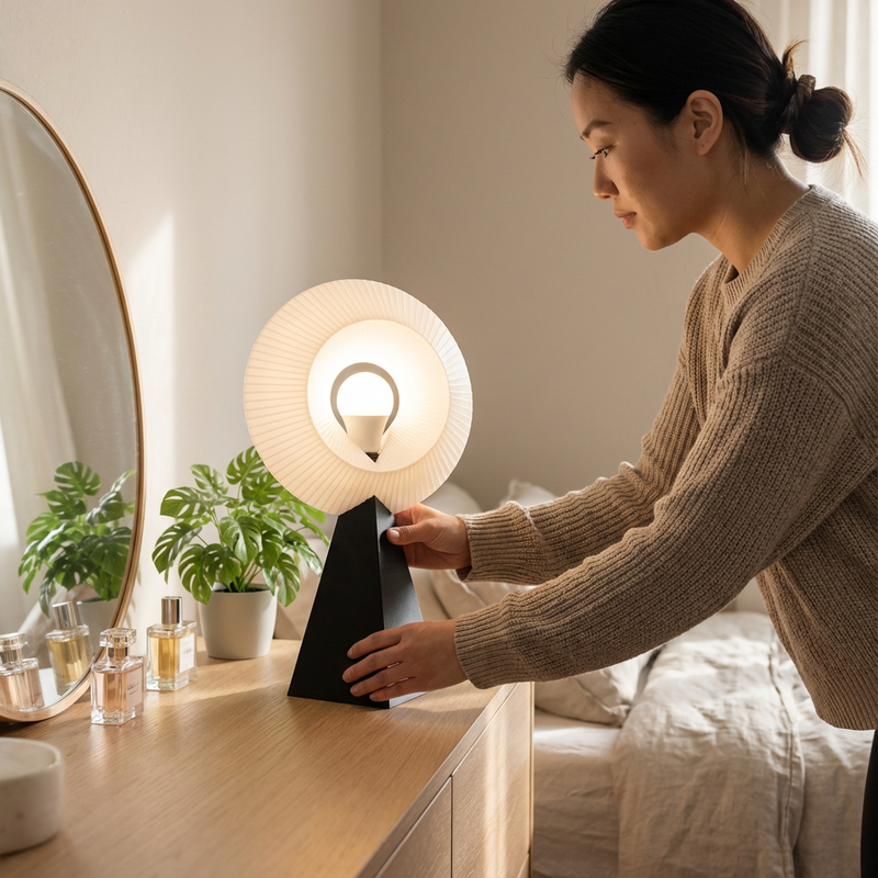 Woman adjusting a lamp on a dresser in a bedroom setting
