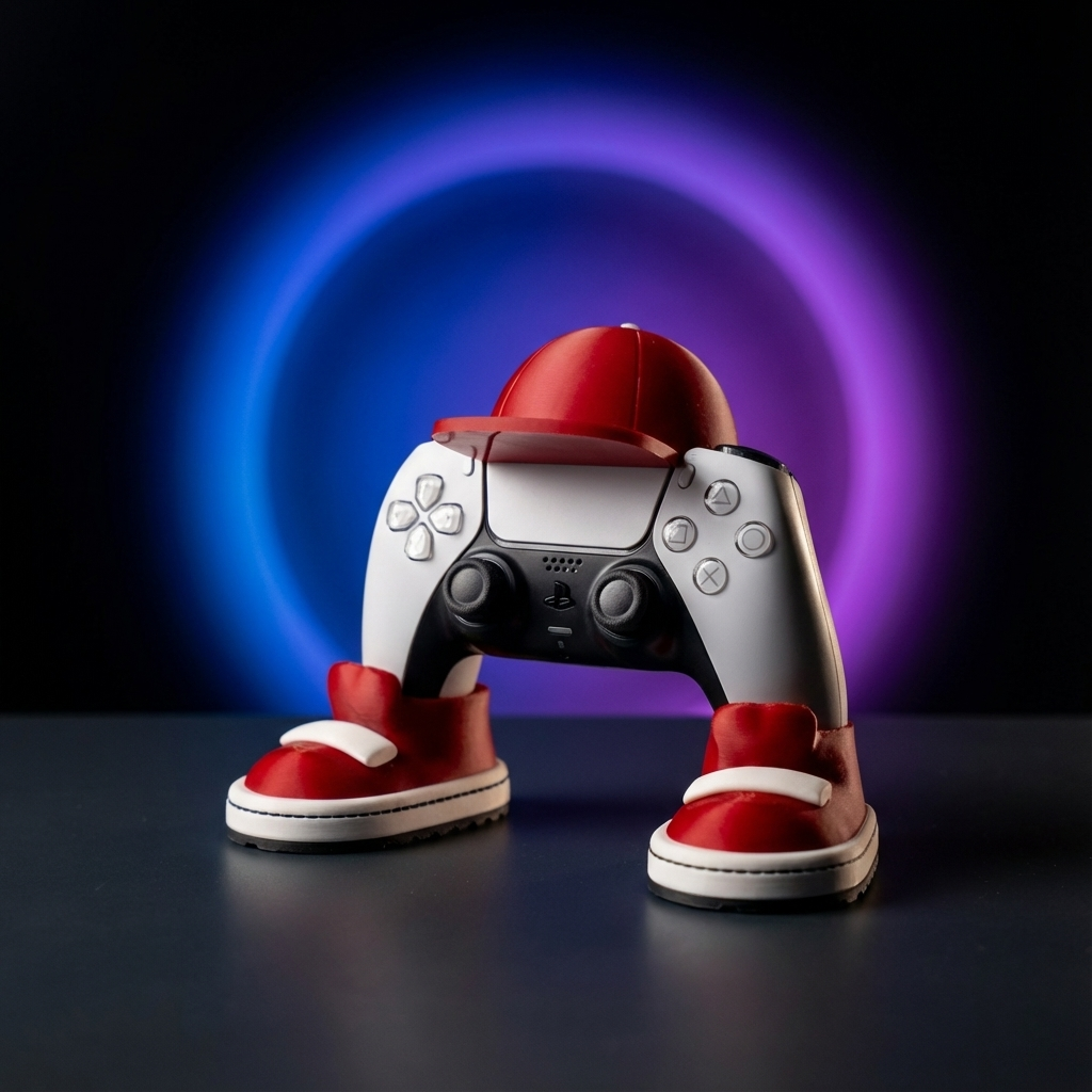 Gaming controller with red shoes and a helmet against a dark background with blue and purple lights.