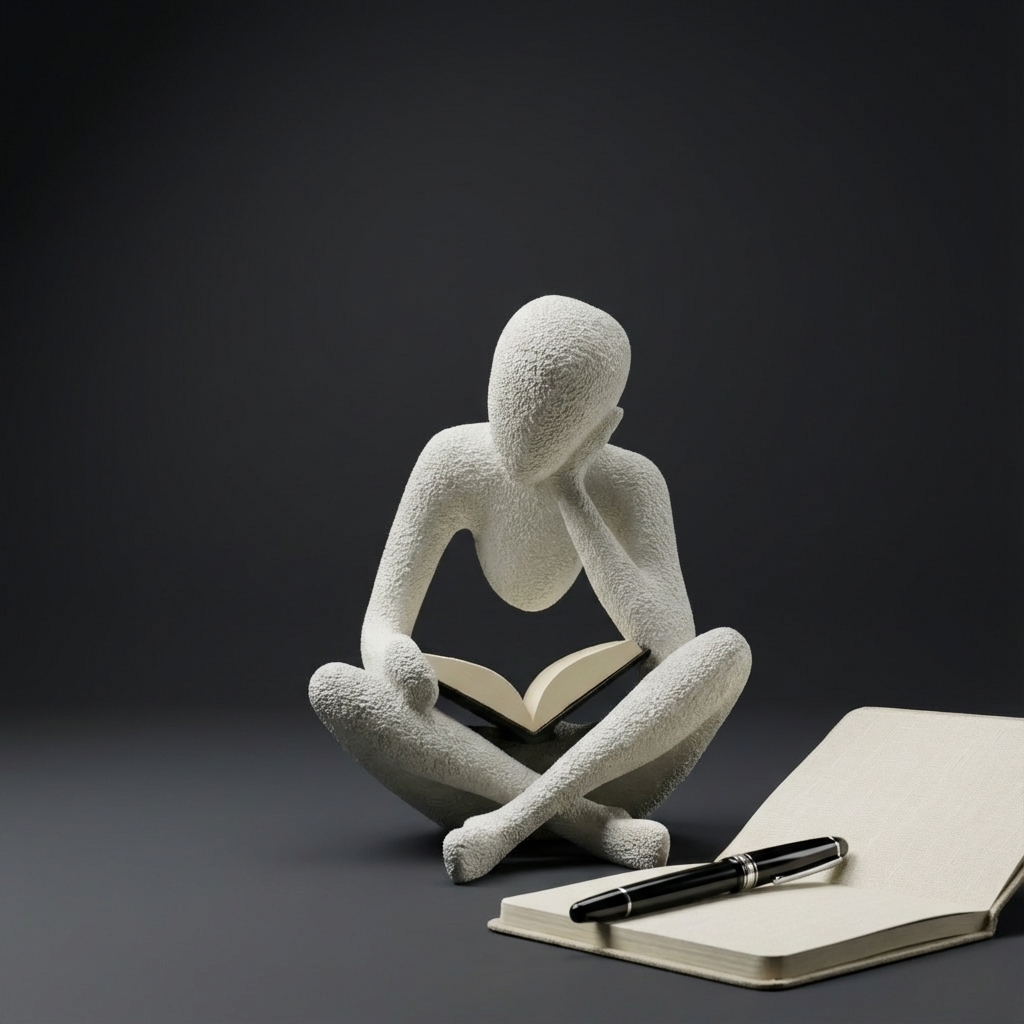 White abstract sculpture of a person reading a book next to an open notebook and pen on a dark background