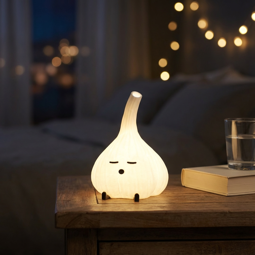 Cute lamp with a face on a wooden table in a cozy room with blurred lights in the background.