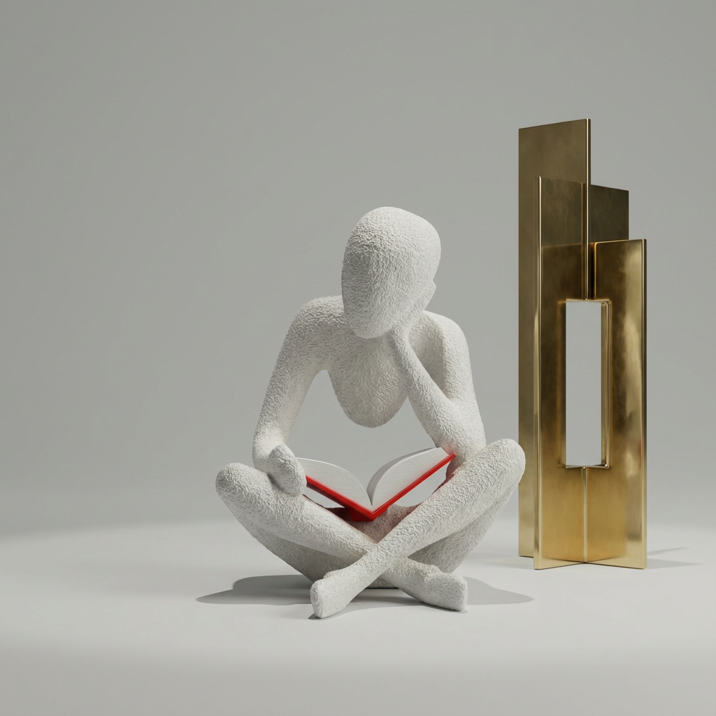 White abstract sculpture of a person reading a red book next to a gold and white rectangular object on a gray background