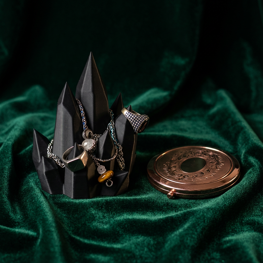 Black jewelry stand with necklaces on a green fabric background