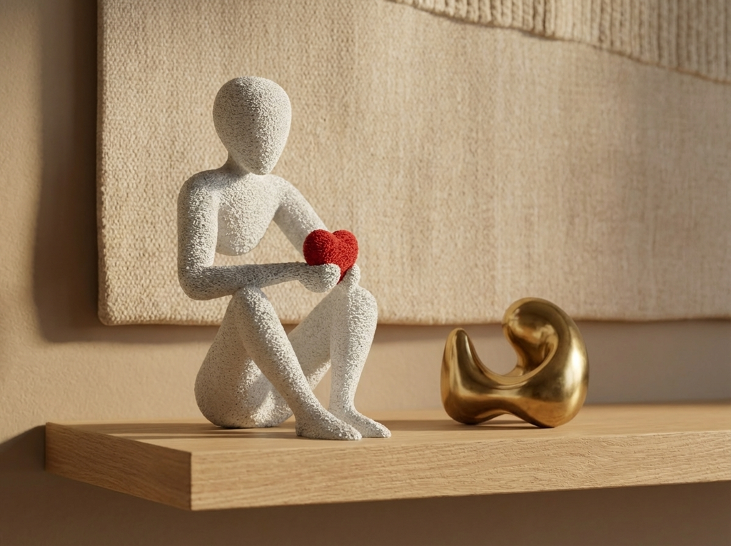 White abstract sculpture holding a red heart on a wooden shelf with a gold object and textured wall in the background.
