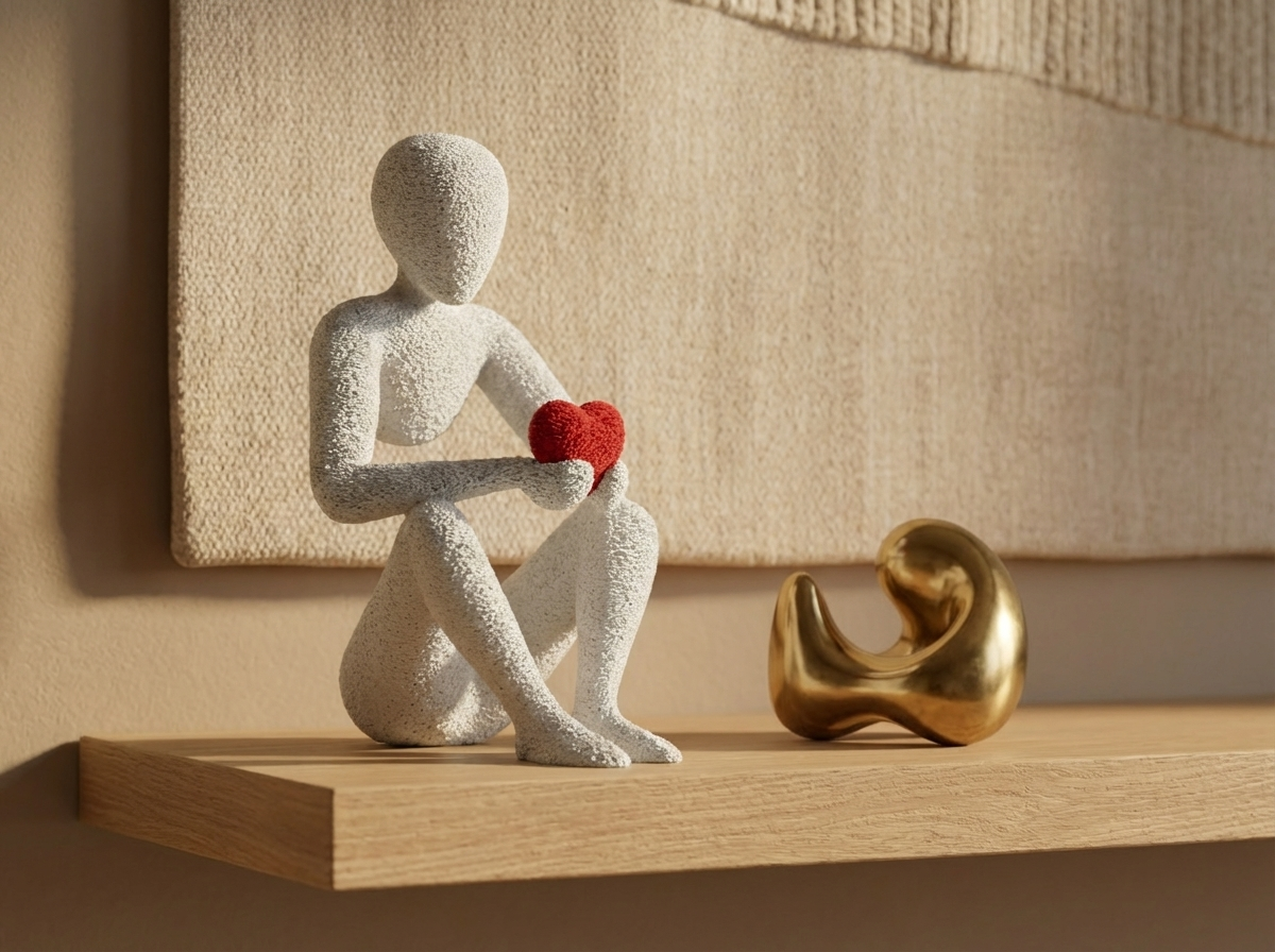 White abstract sculpture holding a red heart on a wooden shelf with a gold object and textured wall in the background.