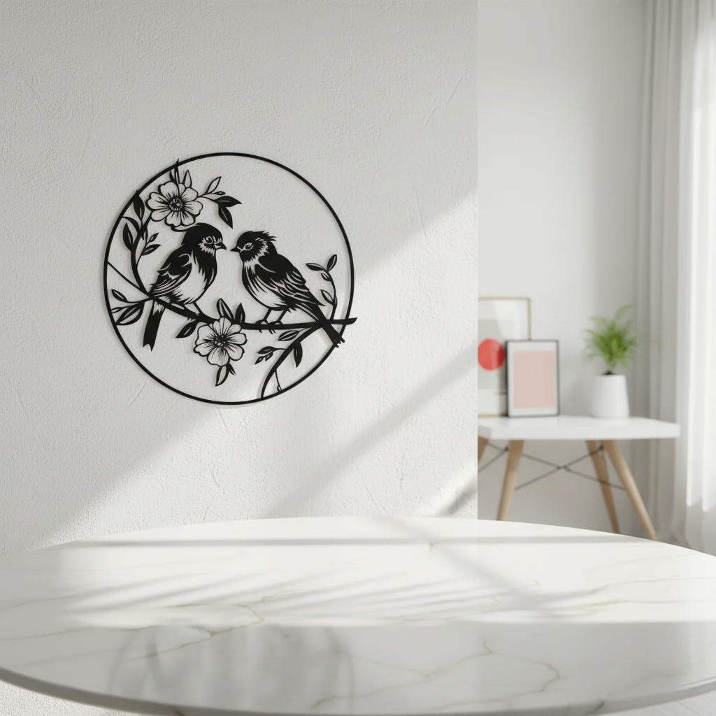 Love Birds on Branch Round Wall Art | Black Silhouette Nature Decor | 9.8" Circle