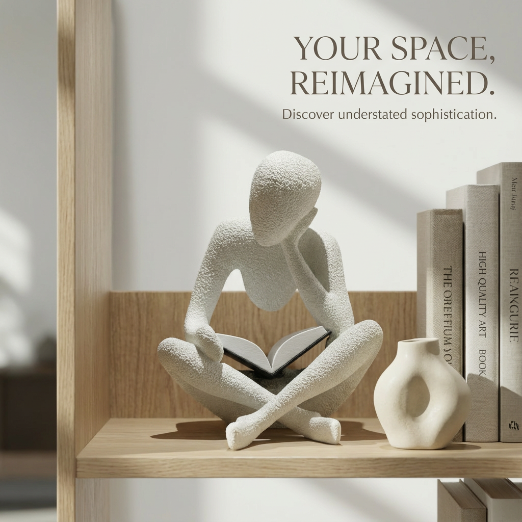 Decorative sculpture of a person reading a book on a shelf with books and a vase.