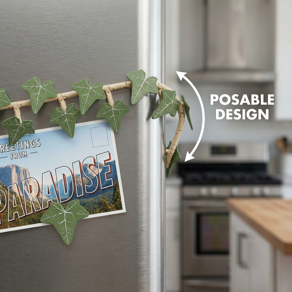 Fridge with a decorative ivy design and a postcard, set in a kitchen.
