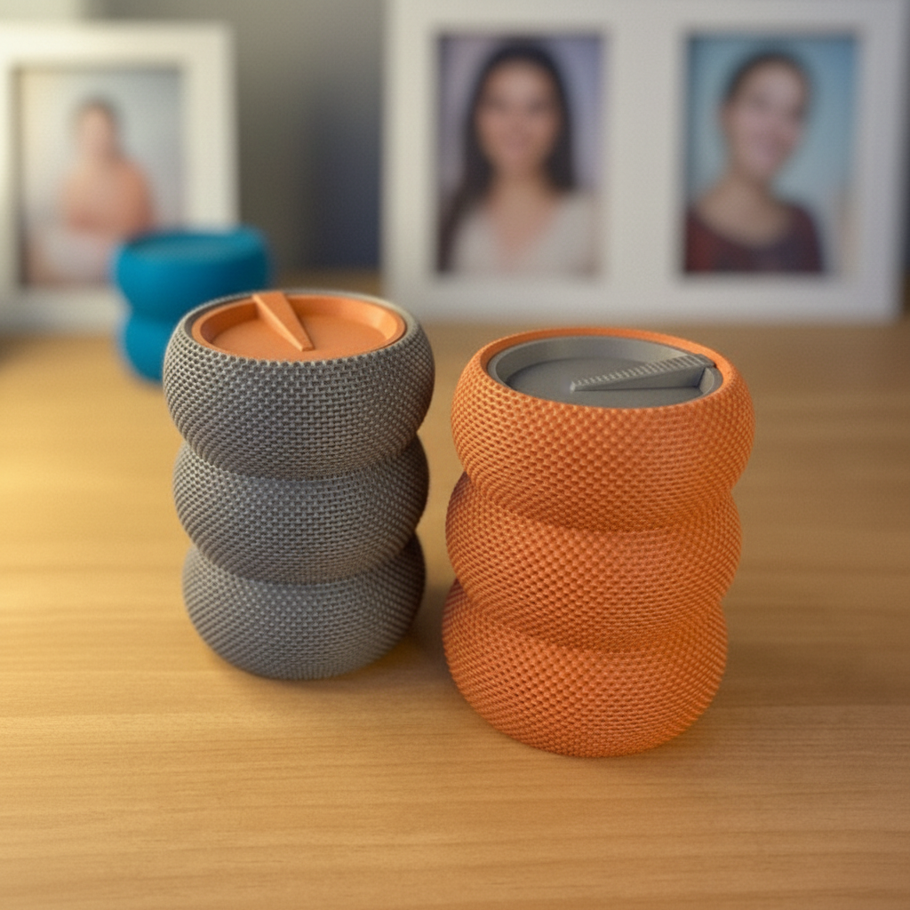 Modern textured storage canisters in gray and orange on a wooden desk, featuring a unique knurled bubble pattern.
