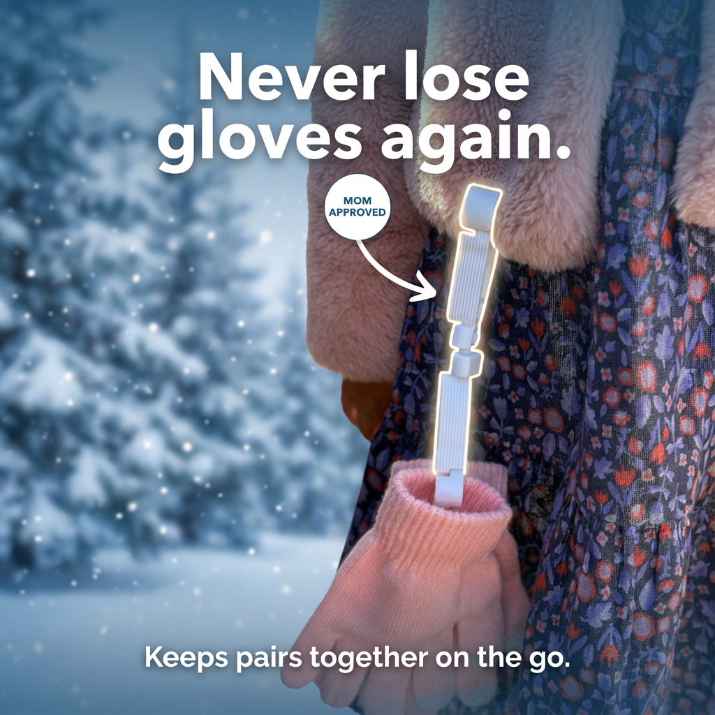 Person wearing pink gloves with a clip, set against a snowy background.