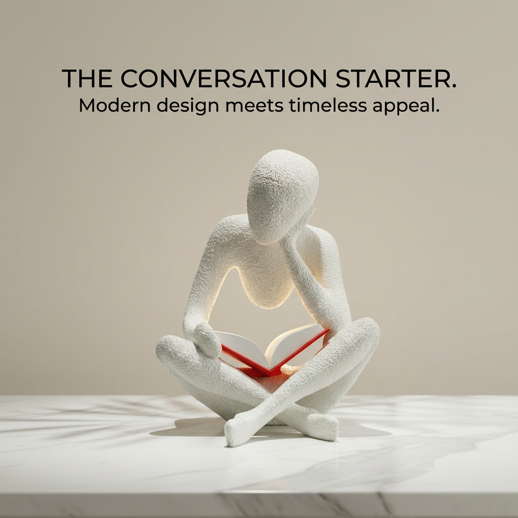 White abstract sculpture holding a red book on a light surface with text above.