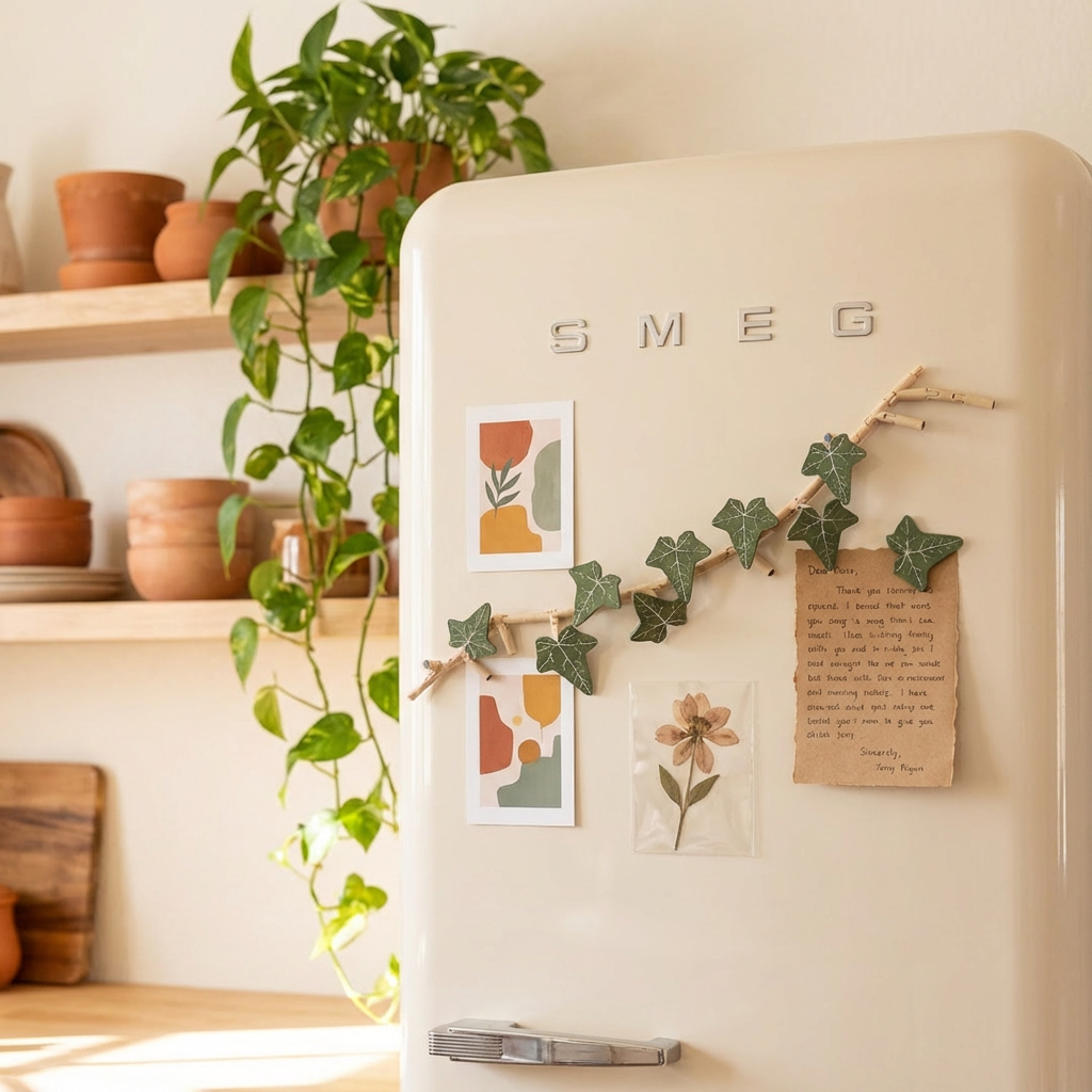 Beige refrigerator with decorative items in a kitchen setting