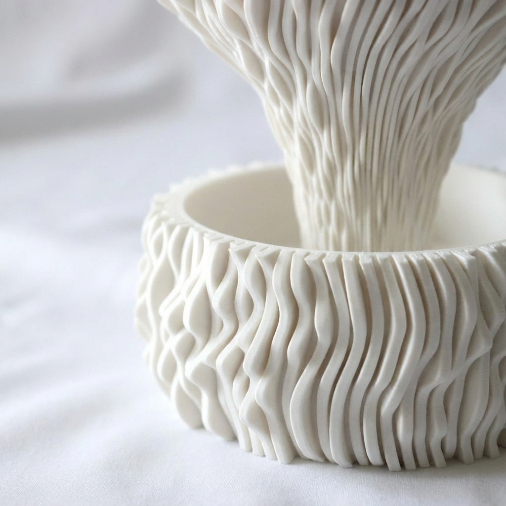 White vase with textured design on a light background