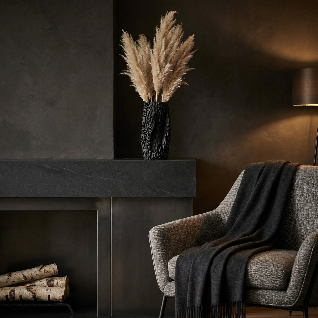 Gray armchair with a dark blanket in front of a fireplace with decorative elements.