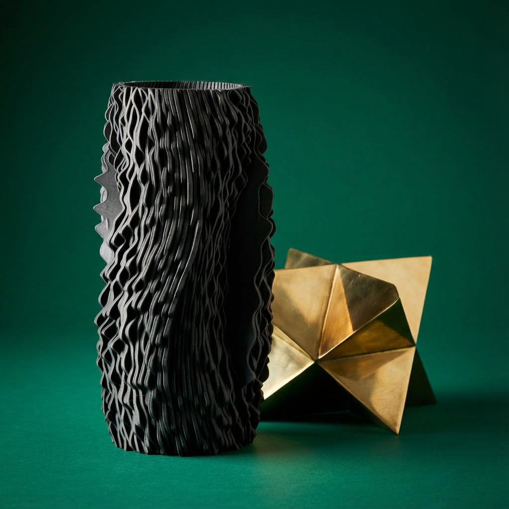 Black textured vase and gold geometric pyramid on a green background
