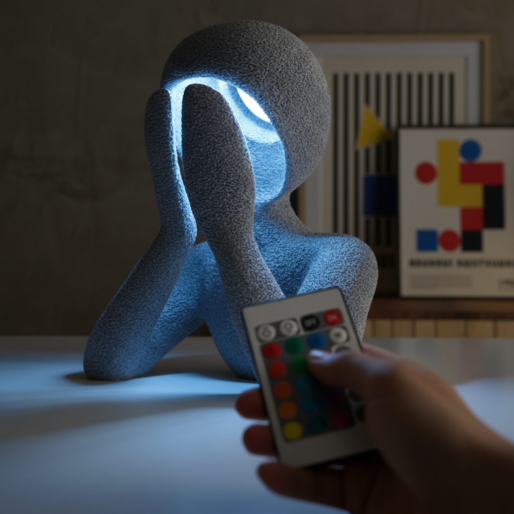 Decorative lamp shaped like a person with glowing blue interior, held by a hand with a remote control.