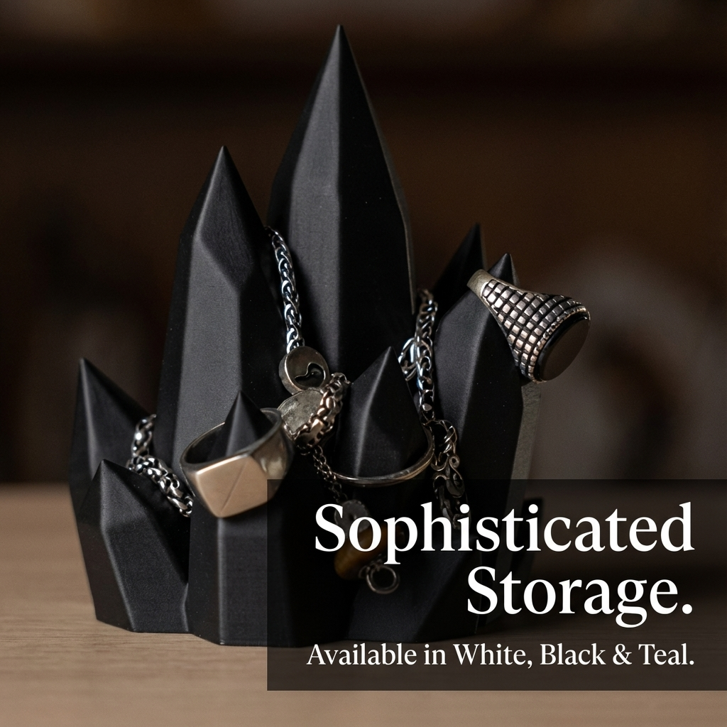Black jewelry organizer with necklaces and rings on a wooden surface, text 'Sophisticated Storage' displayed.