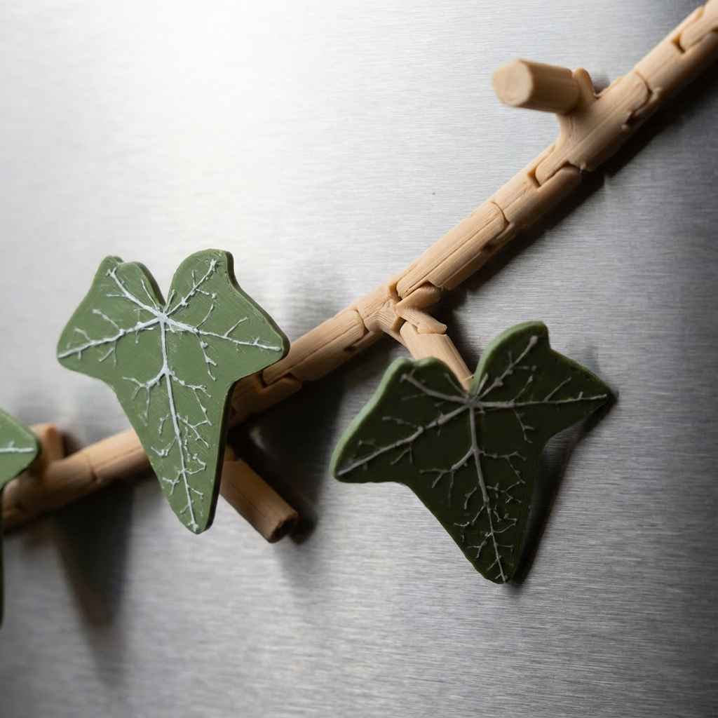 Close-up of wood-textured beige plastic vine segments connected by articulated joints, featuring green ivy leaves with white vein details