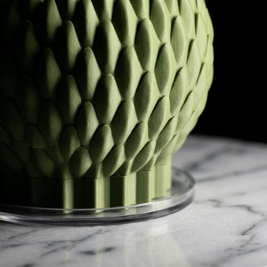 Green textured vase on a marble surface with a dark background