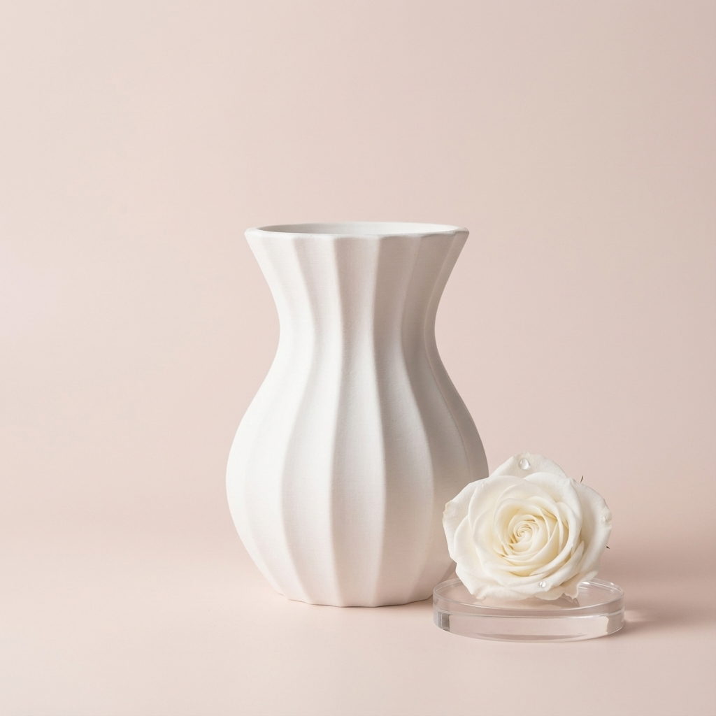 White ceramic vase and white rose on a light pink background