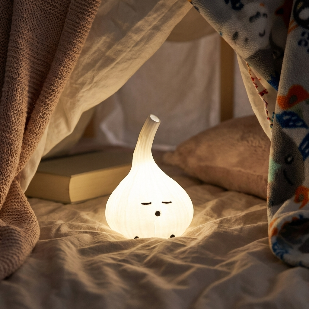 Cute night light on a bed with a blanket and book in the background