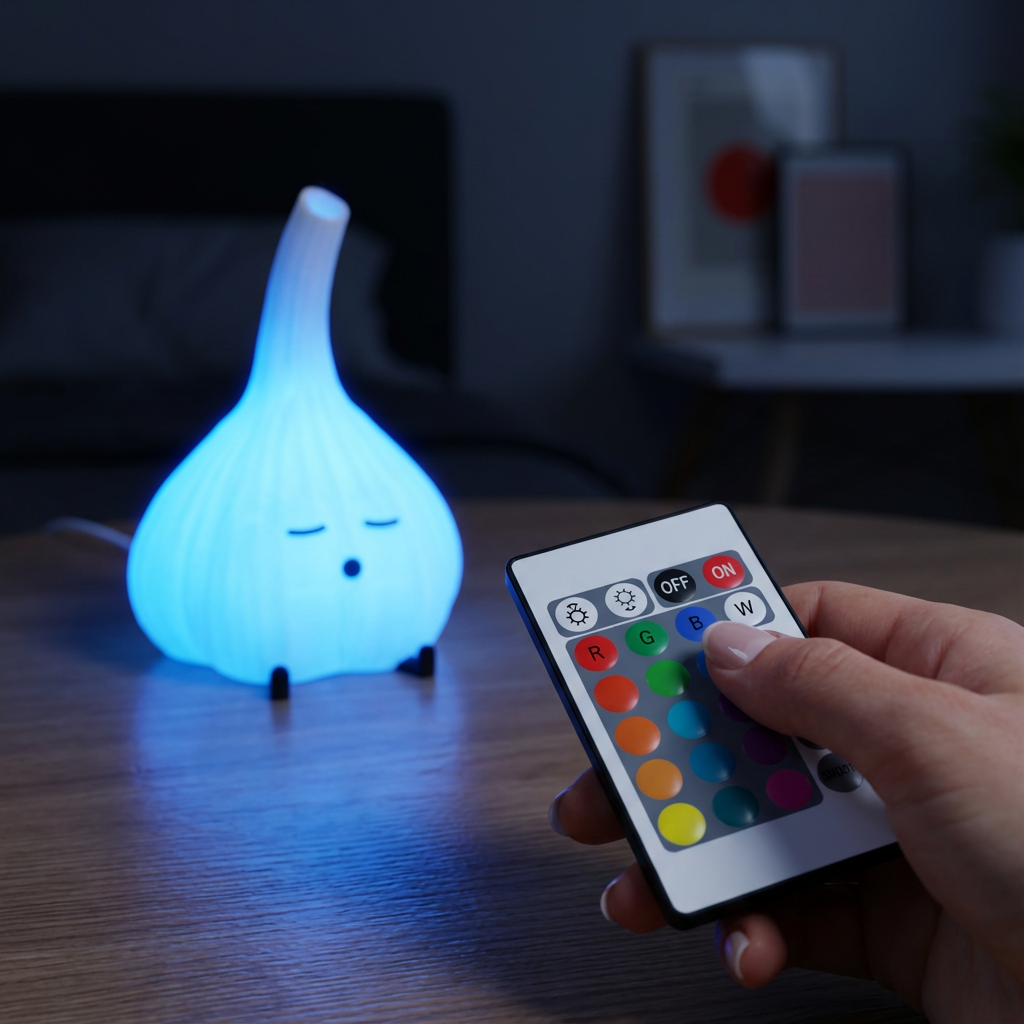 Colorful LED lamp with remote control on a wooden surface