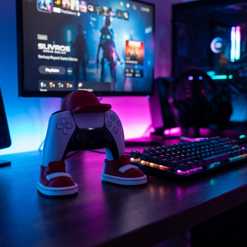 Gaming setup with controller, keyboard, and monitor on a desk with colorful lighting.