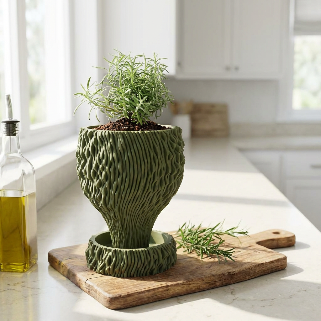 Decorative green plant pot on a wooden cutting board in a kitchen setting