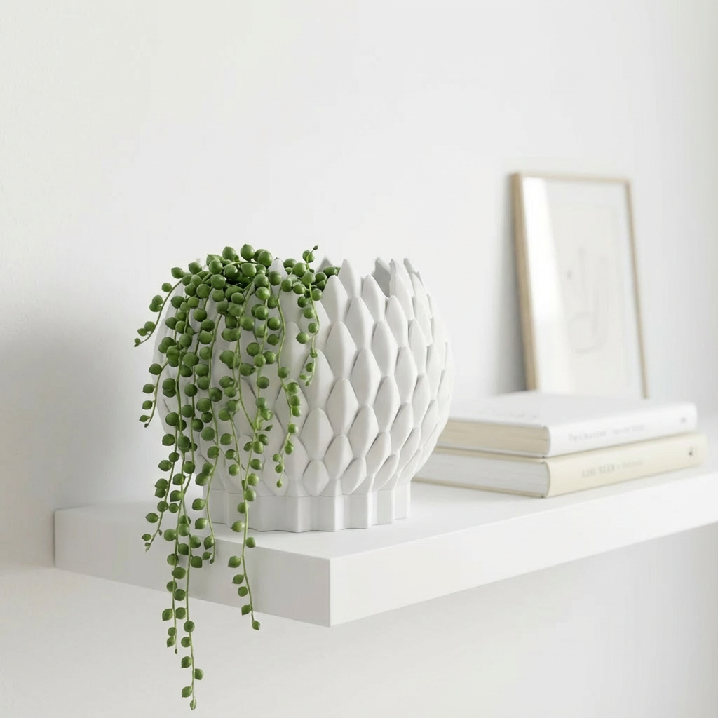 White textured vase with a plant on a white shelf