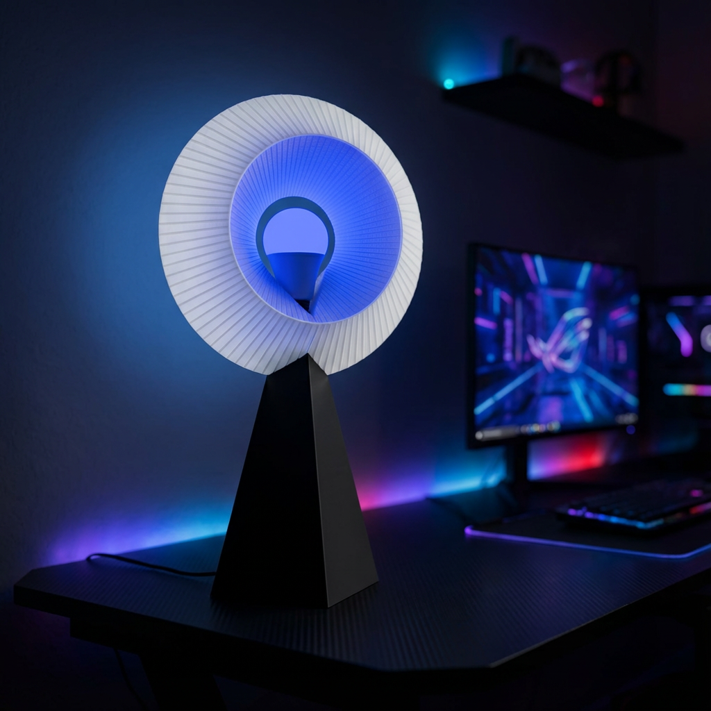 Modern desk lamp with a unique design on a dark desk with colorful lighting