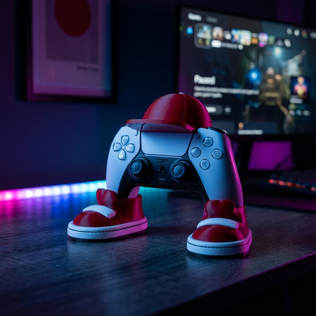 Gaming controller with red and white shoes on a desk in front of a computer screen.
