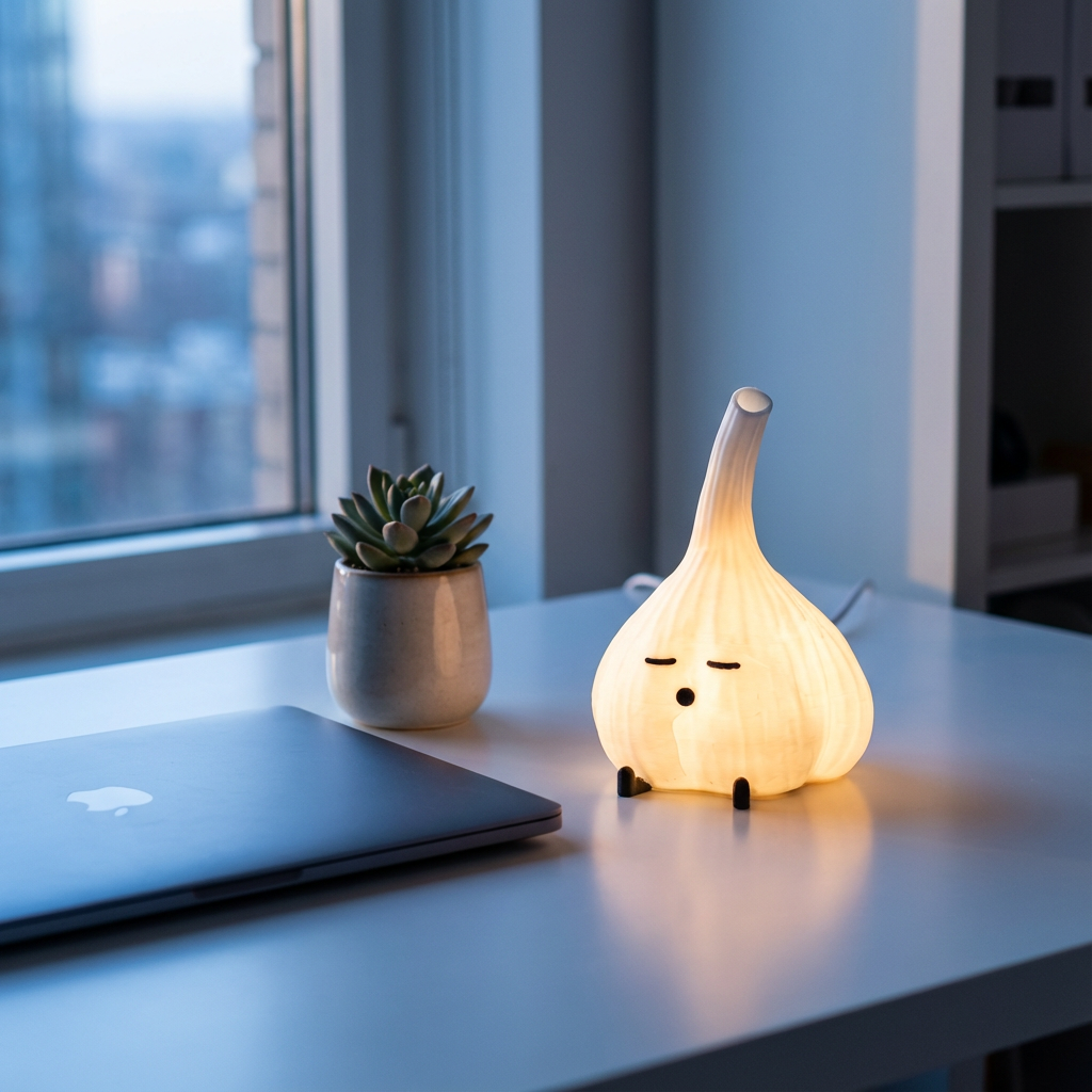 Lamp with face design on a desk next to a laptop and plant, with a window in the background.